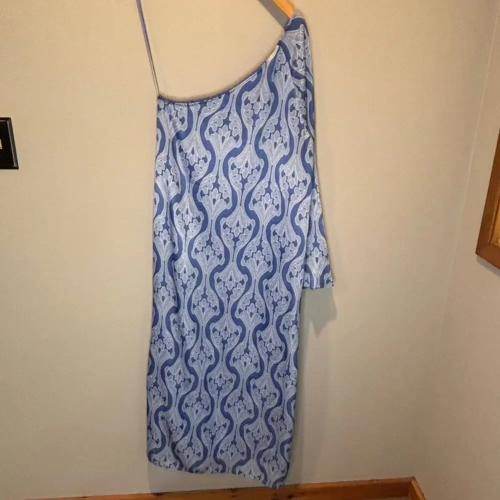 Tuckernuck Hyacinth House Luna Blue One Shoulder Satin Midi Dress - size Large